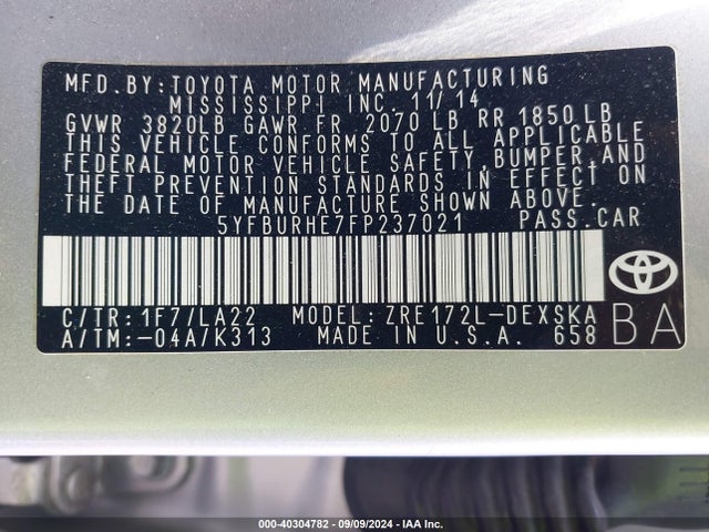 Toyota Corolla S/s Plus/s Premium 2015 5YFBURHE7FP237021 Image 9