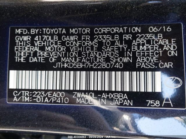 JTHKD5BH7H2280740 Lexus CT 200H