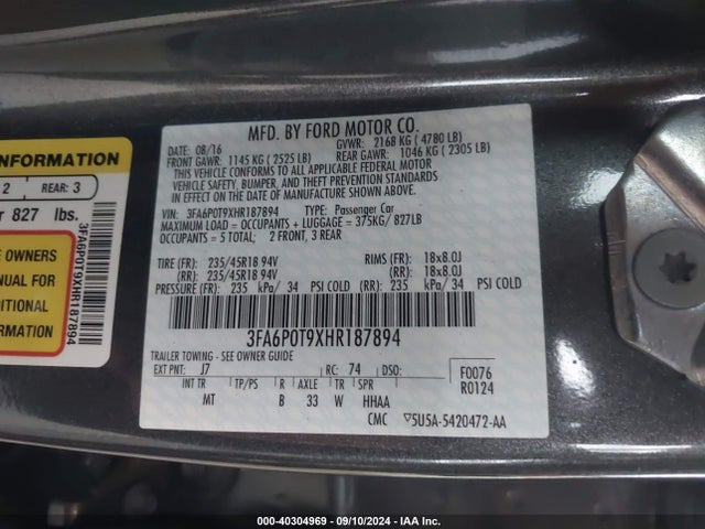 Ford FUSION SE 2017 3FA6P0T9XHR187894 Image 9
