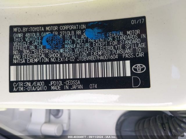 JTDBVRBD7HA001604 Toyota Mirai