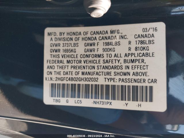 2HGFC4B02GH302032 Honda Civic Lx-p