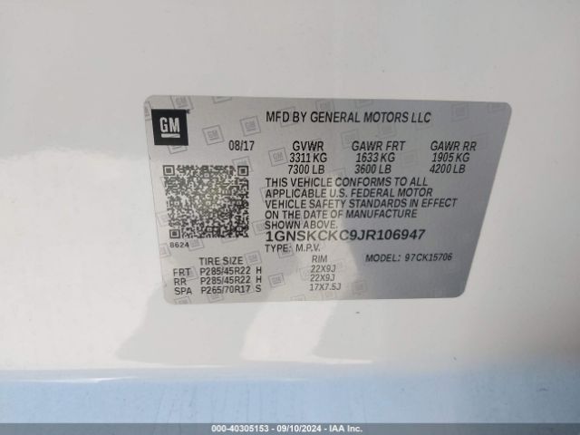 1GNSKCKC9JR106947 Chevrolet Tahoe Premier