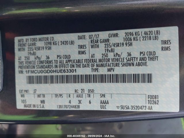1FMCU0GD0HUE63301 Ford ESCAPE SE