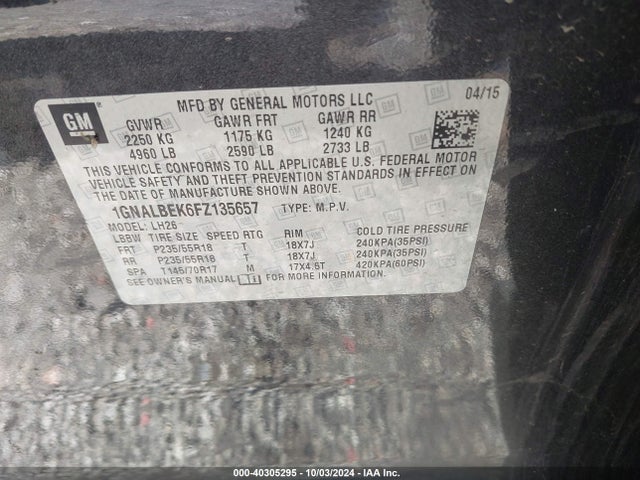 Chevrolet EQUINOX 1LT 2015 1GNALBEK6FZ135657 Image 9