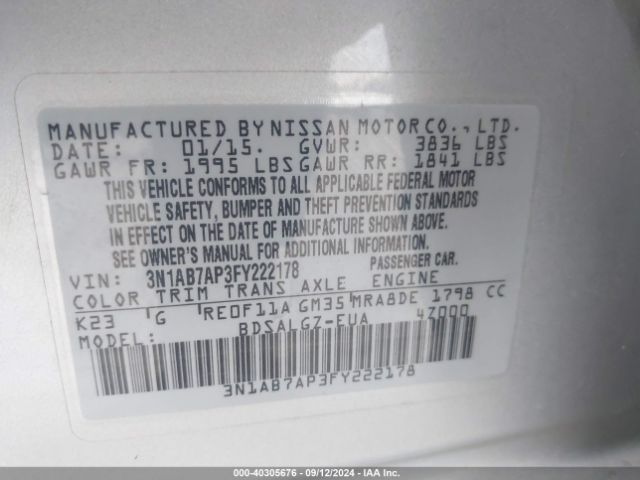 3N1AB7AP3FY222178 Nissan SENTRA SL