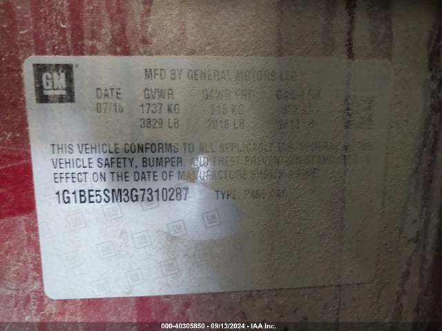 Chevrolet Cruze Lt Auto 2016 1G1BE5SM3G7310287 Image 9