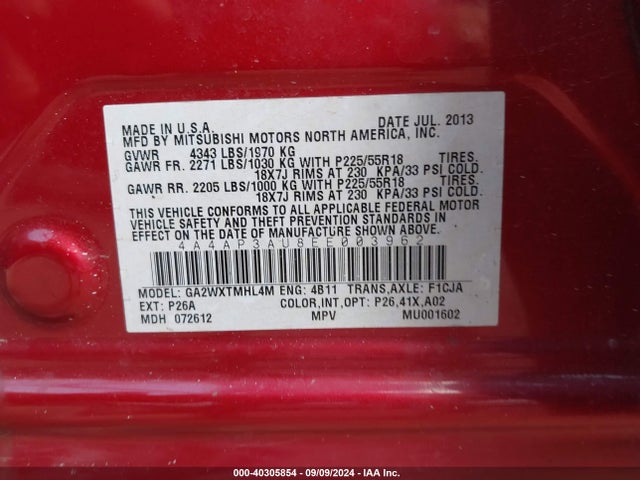 4A4AP3AU8EE003962 Mitsubishi Outlander Sport Es