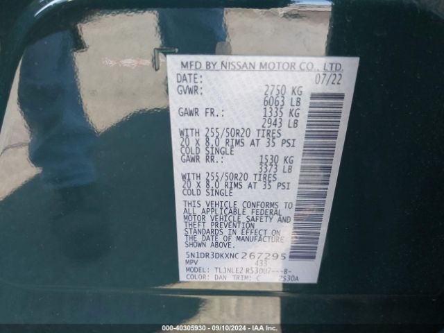 5N1DR3DKXNC267295 Nissan Pathfinder Platinum 4wd