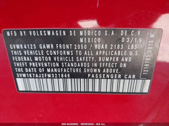Volkswagen Jetta 2.0l S 2015 3VW1K7AJ2FM321846 Image 9
