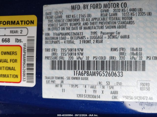 1FA6P8AM9G5260633 Ford Mustang V6