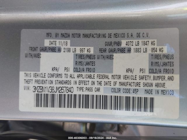 3MZBN1V38JM267840 Mazda Mazda3 Touring