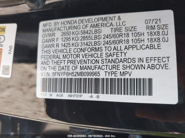 Honda Pilot Awd Ex-l 2021 5FNYF6H52MB099965 Image 9