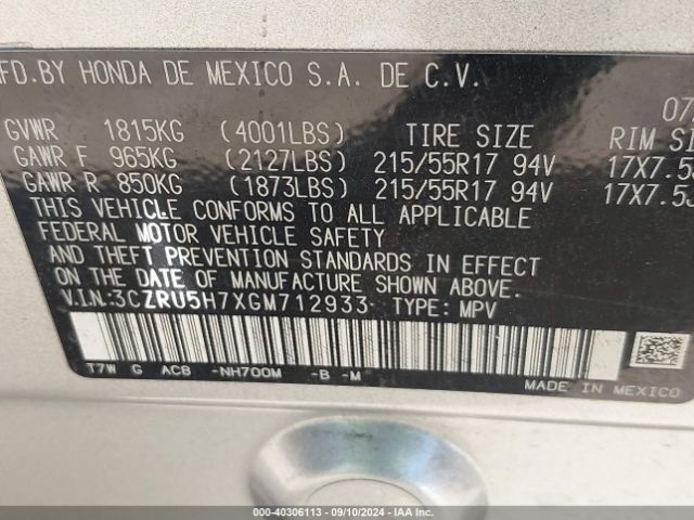 3CZRU5H7XGM712933 Honda Hr-v Ex-l