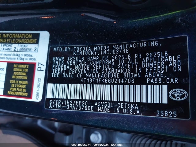 Toyota CAMRY SE 2016 4T1BF1FK6GU214706 Image 9