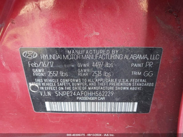 Hyundai Sonata 2017 5NPE24AF0HH562229 Image 9