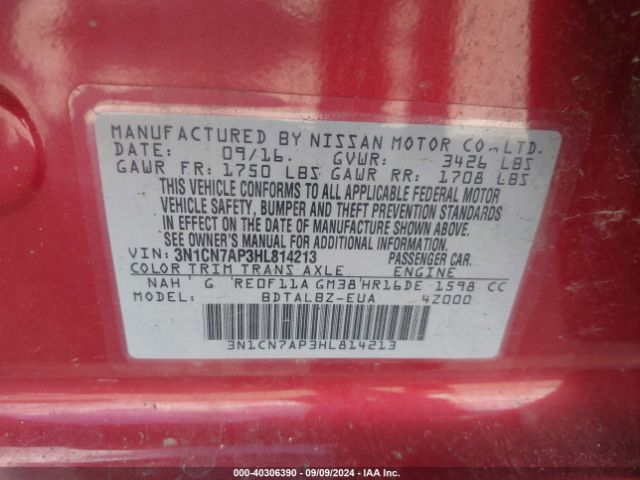3N1CN7AP3HL814213 Nissan Versa 1.6 S/1.6 S+/1.6 Sl/1.6 Sv