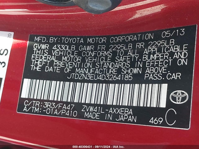 40306431 :رقم المزاد ، JTDZN3EU4D3264185 vin ، 2013 Toyota Prius V Three مزاد بيع