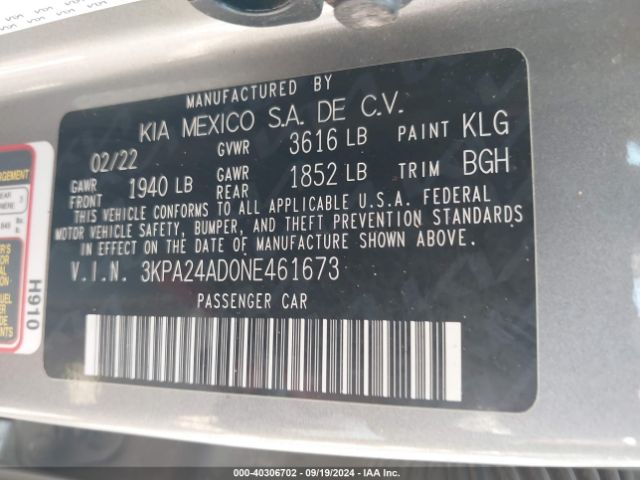 3KPA24AD0NE461673 KIA RIO S