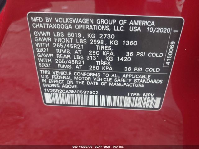 1V2SR2CA3MC537902 Volkswagen Atlas 3.6l V6 Sel R-line