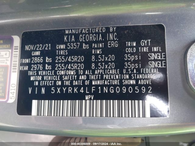 5XYRK4LF1NG090592 KIA Sorento Sx Prestige