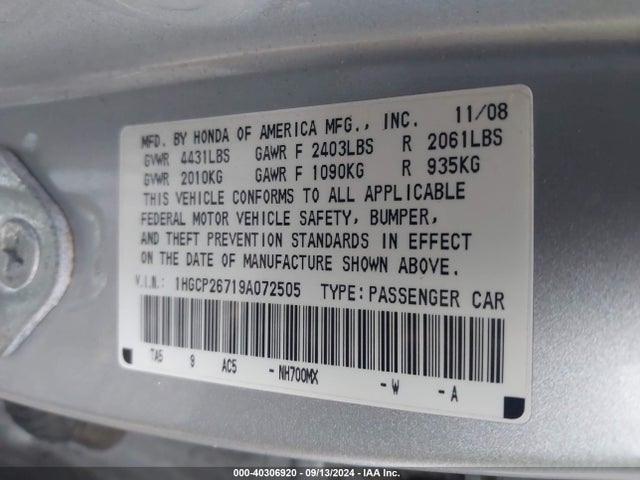 2009 Honda Accord 2.4 Ex მანქანა იყიდება აუქციონზე, vin: 1HGCP26719A072505, აუქციონის ნომერი: 40306920