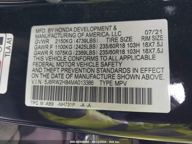 Honda Cr-v Awd Ex-l 2021 5J6RW2H84MA013386 Image 9