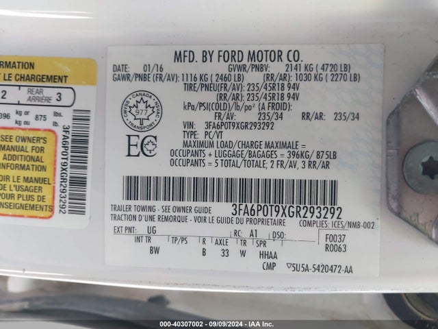 Ford FUSION SE 2016 3FA6P0T9XGR293292 Image 9