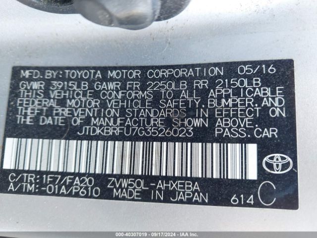JTDKBRFU7G3526023 Toyota Prius Two