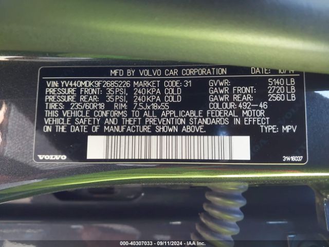YV440MDK9F2685226 Volvo Xc60 T5 Premier