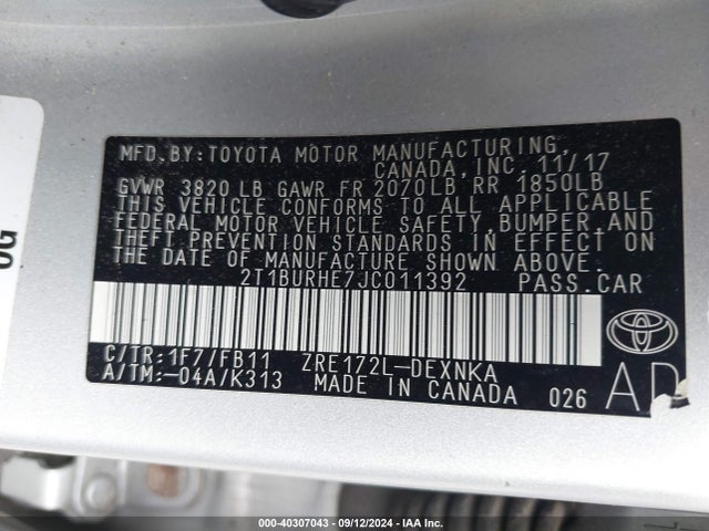 Toyota COROLLA LE 2018 2T1BURHE7JC011392 Image 9
