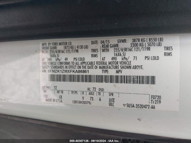 1FMZK1ZMXFKA86861 Ford Transit-150 Xlt