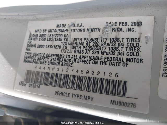 2004 MITSUBISHI ENDEAVOR 4A4MM31S74E002126 Photo 8