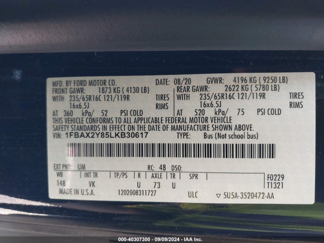 Ford Transit-350 Passenger Van Xl 2020 1FBAX2Y85LKB30617 Image 9