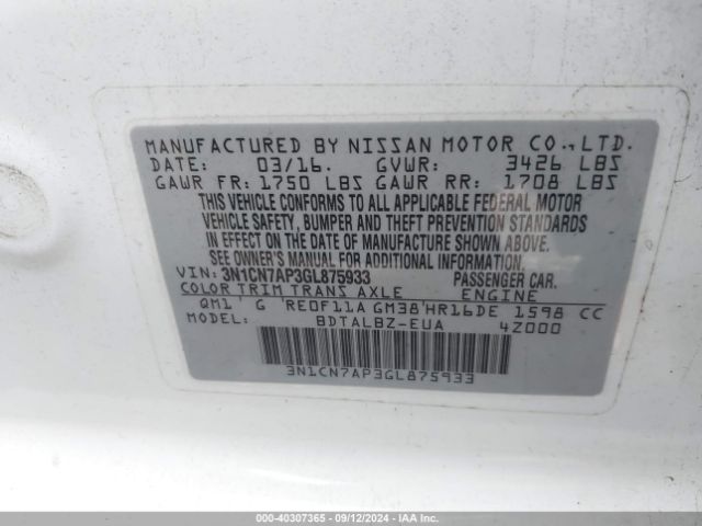3N1CN7AP3GL875933 Nissan Versa 1.6 S/1.6 S+/1.6 Sl/1.6 Sv