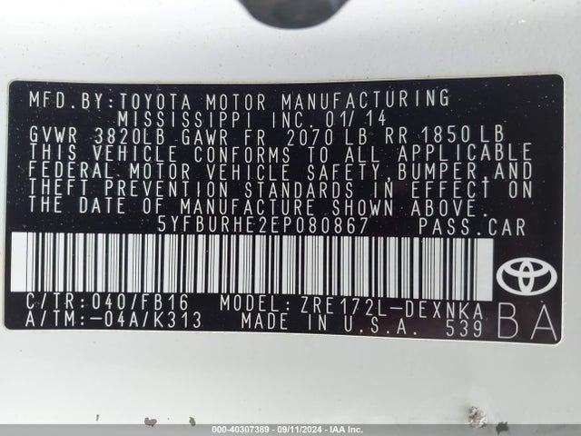 Toyota COROLLA LE 2014 5YFBURHE2EP080867 Image 9