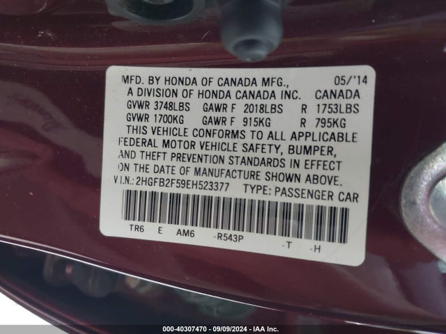 Honda Civic Lx 2014 2HGFB2F59EH523377 Image 9