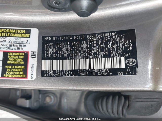 Toyota COROLLA SE 2017 2T1BURHE5HC892961 Image 9