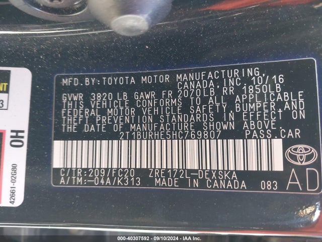 Toyota COROLLA SE 2017 2T1BURHE5HC769807 Image 9