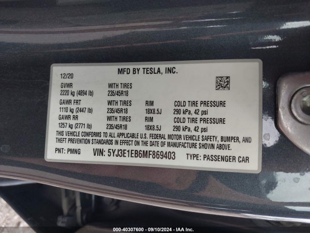 2021 TESLA MODEL 3 5YJ3E1EB6MF869403 Photo 8
