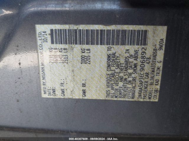 1N4AA5AP3EC906892 Nissan Maxima 3.5 Sv