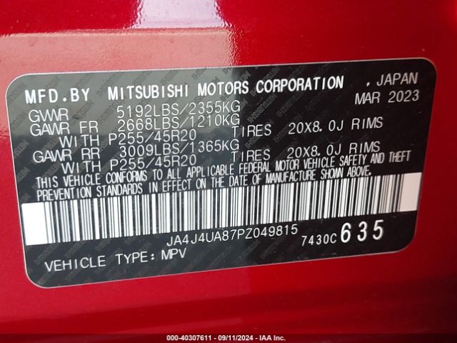 JA4J4UA87PZ049815 Mitsubishi Outlander Se 2.5 S-awc