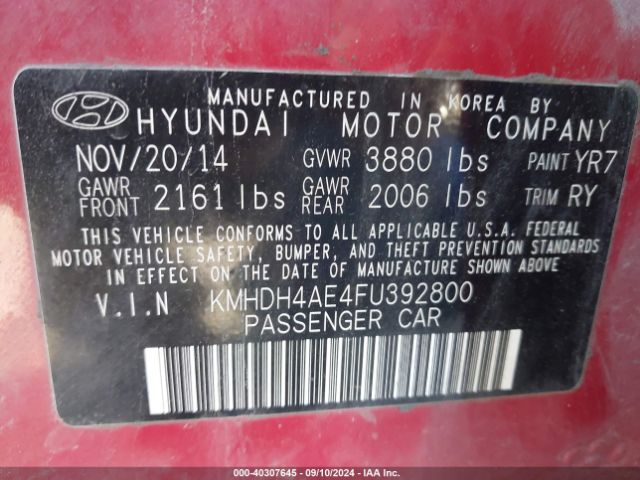KMHDH4AE4FU392800 Hyundai ELANTRA SE