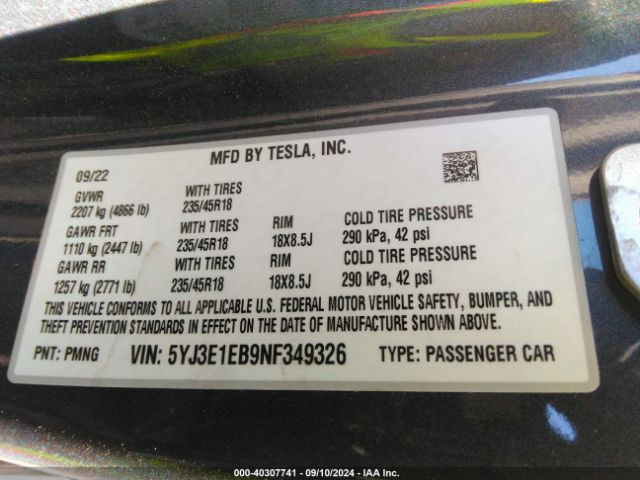 5YJ3E1EB9NF349326 Tesla Model 3 Long Range Dual Motor All-wheel Drive