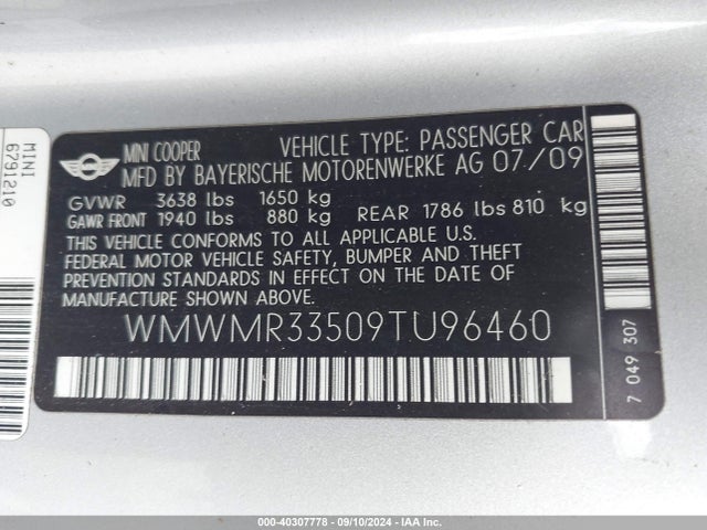 2009 MINI COOPER WMWMR33509TU96460 Photo 8