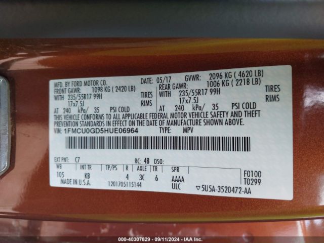 1FMCU0GD5HUE06964 Ford ESCAPE SE