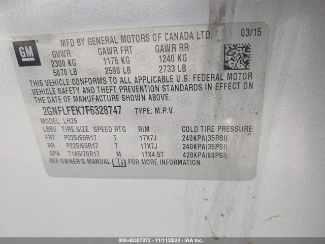 Chevrolet EQUINOX 1LT 2015 2GNFLFEK7F6328747 Image 9