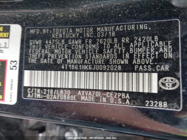 4T1B61HK6JU092028 Toyota CAMRY XSE