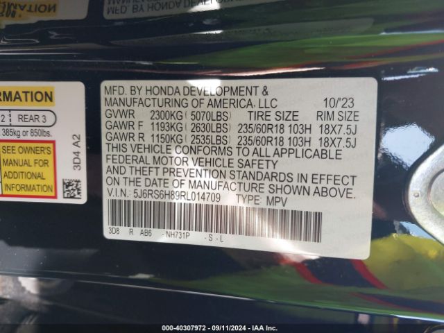 5J6RS6H89RL014709 Honda Cr-v Hybrid Sport-l