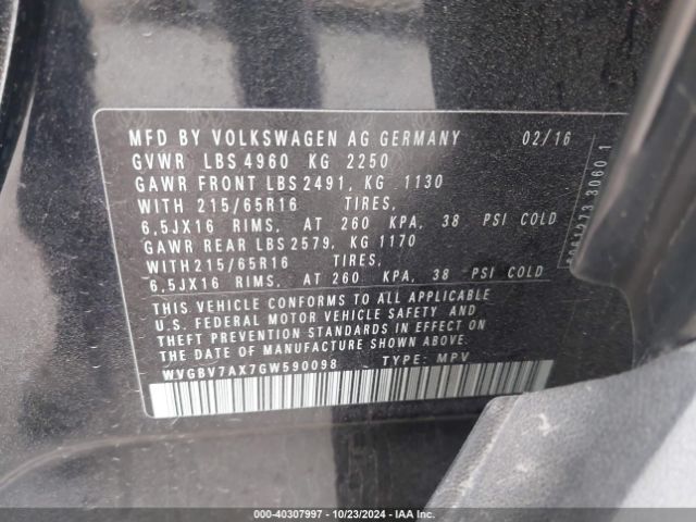 WVGBV7AX7GW590098 Volkswagen TIGUAN S