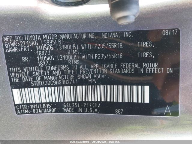 5TDDZ3DC9HS182741 Toyota Sienna Limited Premium 7 Passenger
